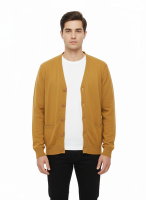 VOMAZO Solid V Neck Formal Men Yellow Sweater