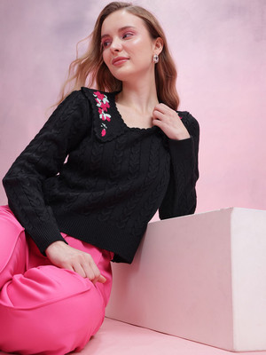 Dressberry Self Design Scoop Neck Casual Women Black Sweater