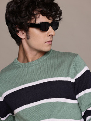 Roadster Striped Round Neck Casual Men Green Sweater