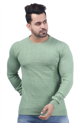 FEVERFEW Self Design Round Neck Casual Men Green Sweater
