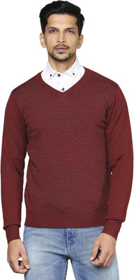 Raymond Self Design V Neck Casual Men Maroon Sweater