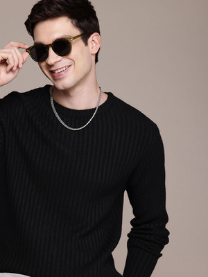 WROGN Self Design Round Neck Casual Men Black Sweater
