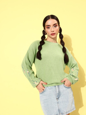 Dressberry Printed Round Neck Casual Women Green Sweater