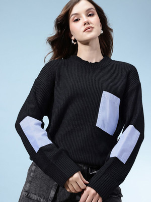 Glitchez Colorblock Round Neck Casual Women Black Sweater