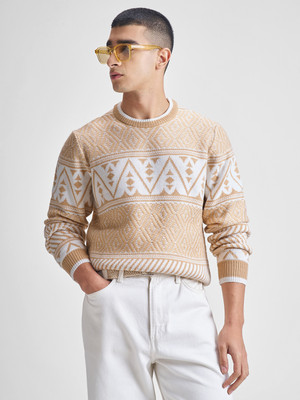 HIGHLANDER Solid Round Neck Casual Men Beige Sweater