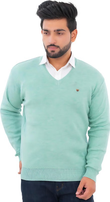 KLOVE Self Design V Neck Formal Men Light Green Sweater