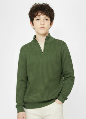 Clothify Striped High Neck Casual Boys Dark Green Sweater
