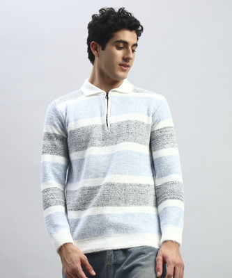 SILVANUS Striped Collared Neck Casual Men Light Blue Sweater