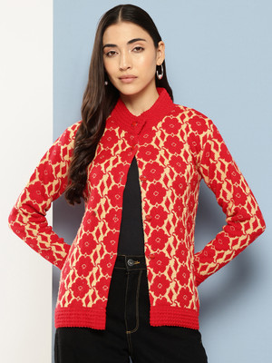 Aarika Printed Round Neck Casual Women Red Sweater