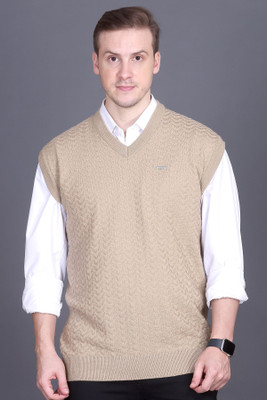 GODFREY Geometric Print V Neck Casual Men Beige Sweater