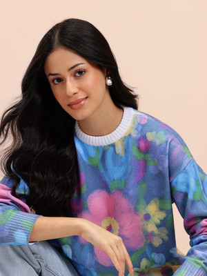 Mast & Harbour Printed Round Neck Casual Women Blue Sweater