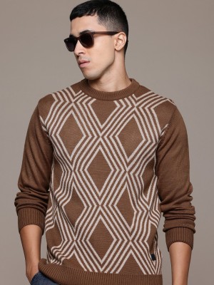 Roadster Self Design Round Neck Casual Men Brown Sweater