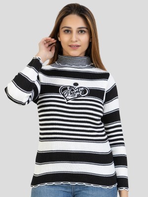 lewiston Striped High Neck Casual Women Black Sweater