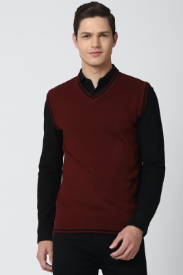 PETER ENGLAND Solid V Neck Casual Men Maroon Sweater