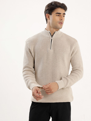 kveto Self Design High Neck Casual Men Beige Sweater