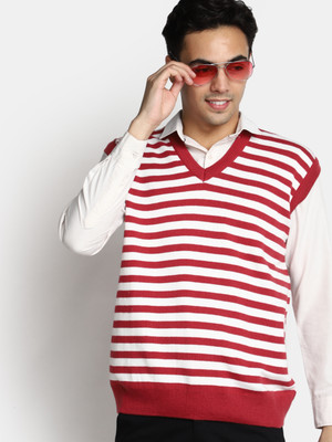 V-MART Striped V Neck Casual Men Red, White Sweater