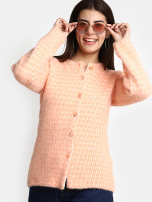V-MART Self Design Round Neck Casual Women Pink Sweater