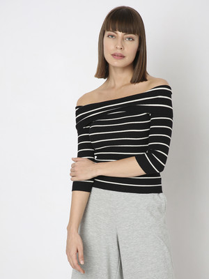 VERO MODA Striped Off Shoulder Casual Women Black, White Sweater