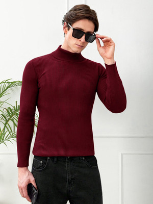 urban trees Solid High Neck Casual Men Maroon Sweater