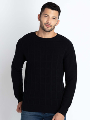 Status Quo Solid Round Neck Casual Men Black Sweater
