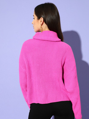 STREET9 Woven High Neck Casual Women Pink Sweater