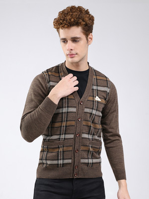 MONTE CARLO Printed V Neck Casual Men Brown Sweater