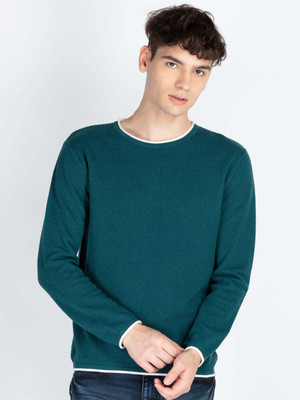 Status Quo Solid Round Neck Casual Men Green Sweater