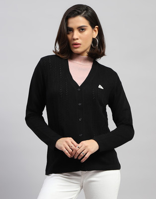 MONTE CARLO Self Design V Neck Casual Women Black Sweater