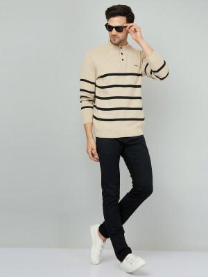 KVETOO Striped Round Neck Casual Men Beige Sweater