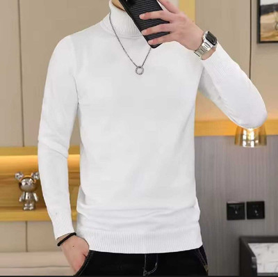 T-40 Solid High Neck Casual Men White Sweater