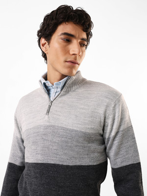 Dennis Lingo Colorblock High Neck Casual Men Grey Sweater