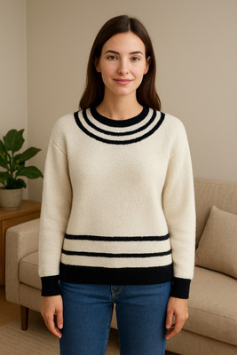 BeautyDresses Striped Round Neck Casual Women White Sweater