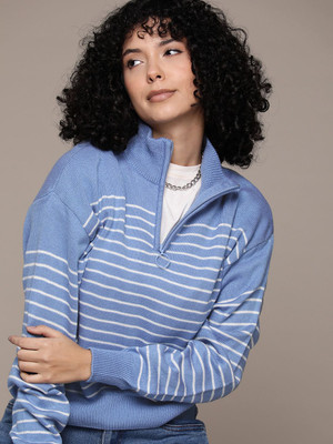 Roadster Striped High Neck Casual Women Blue Sweater