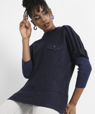 CAMPUS SUTRA Striped Round Neck Casual Women Blue Sweater