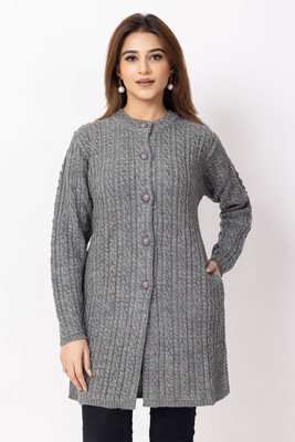 Dodge Self Design Round Neck Casual Women Grey Sweater