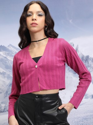 Tokyo Talkies Solid V Neck Casual Women Pink Sweater