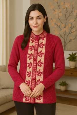 VEMRIS Printed V Neck Casual Women Red Sweater