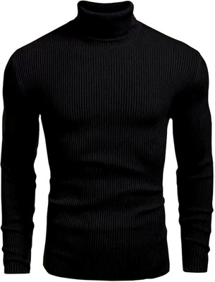 DRVP Striped High Neck Casual Men Black Sweater