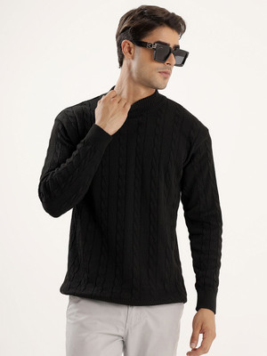 kveto Woven High Neck Casual Men Black Sweater