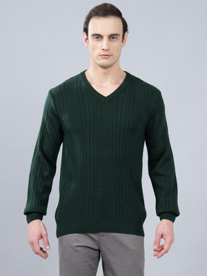 CANTABIL Self Design V Neck Casual Men Dark Green Sweater