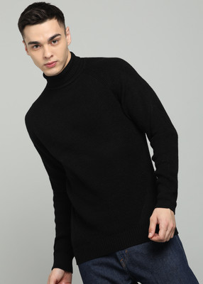 Raymond Self Design Turtle Neck Casual Men Black Sweater
