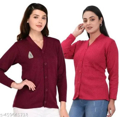 Dhanlaxmi Self Design V Neck Casual Women Maroon, Pink Sweater