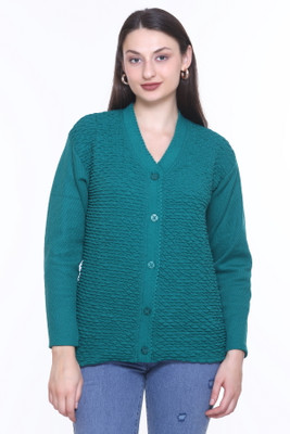 S.L. Madhok Self Design V Neck Casual Women Green Sweater
