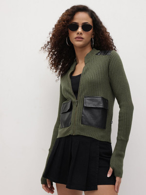 Roadster Self Design Mandarin Neck Casual Women Green Sweater