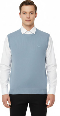 VOMAZO Solid Round Neck Formal Men Light Blue Sweater