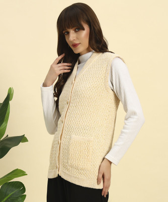 CANBLAR Self Design V Neck Casual Women Beige Sweater