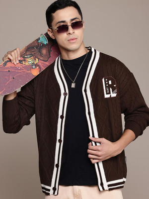 Roadster Self Design V Neck Casual Men Brown Sweater