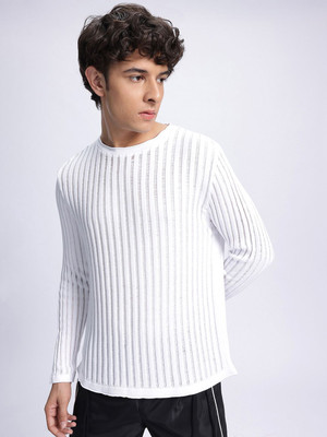 Glitchez Self Design Round Neck Casual Men White Sweater