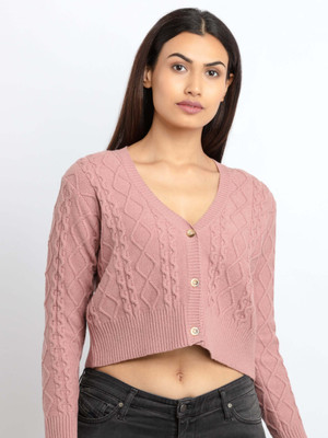 Status Quo Embroidered V Neck Casual Women Pink Sweater