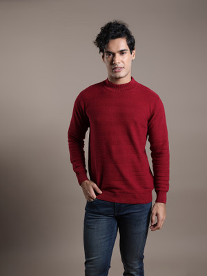 TURTLE Solid High Neck Casual Men Maroon Sweater